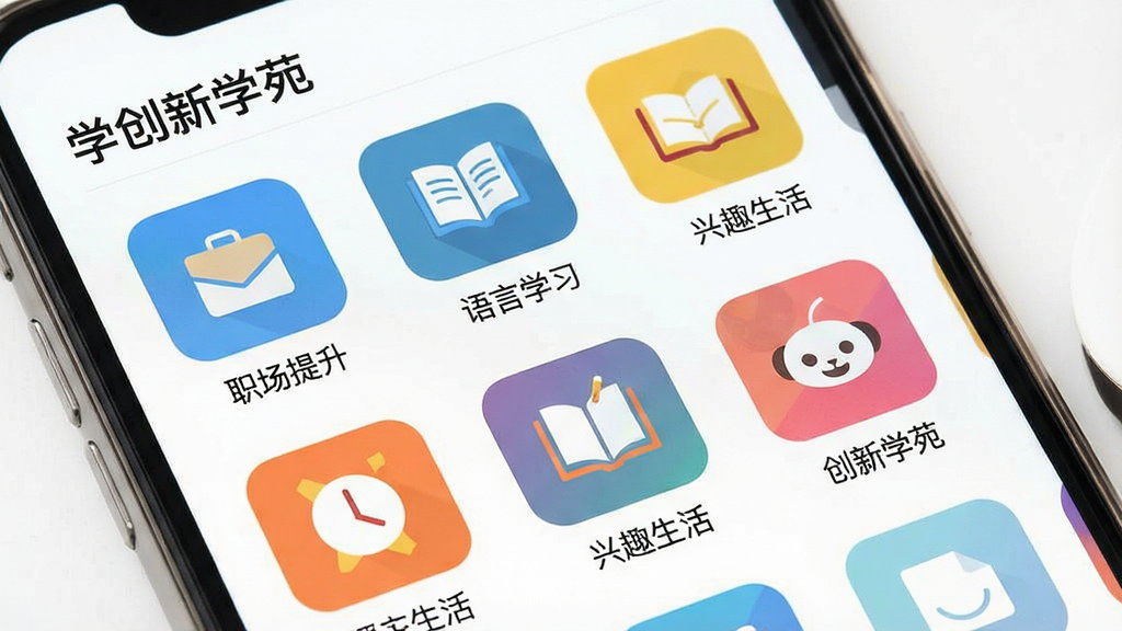 一张展示创新学苑课程分类页面的特写图,画面主体是手机屏幕,屏幕上呈现多个彩色课程分类图标和标签,如“职场提升”“语言学习”“兴趣生活”等,图标设计扁平化,色彩明快,背景为纯白色,排版整齐,风格简约商务,画质细腻,图片中带有“创新学苑”字样,干净无多余元素