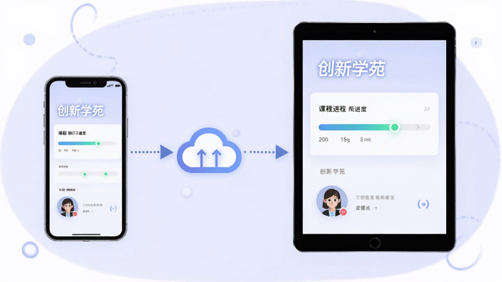 一张展示创新学苑学习进度云同步概念的插画,画面左侧是一部手机,右侧是一台平板电脑,两者之间用虚线箭头连接,箭头中间有一朵云朵图标,手机和平板屏幕上均显示相同的课程进度条和用户头像,背景为柔和的浅紫色,风格科技感与清新感结合,画质干净,图片中带有“创新学苑”文字