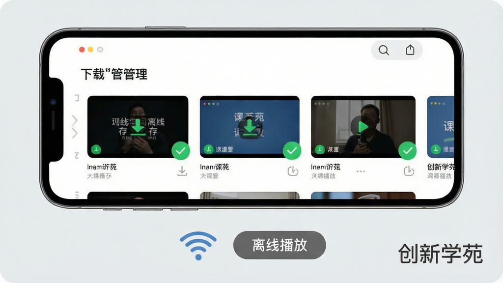 一张展示创新学苑离线缓存功能的示意图,画面中一部手机横屏放置,屏幕上显示下载管理界面,多个课程视频旁边有下载完成的绿色对勾图标,手机下方有WiFi信号图标和离线播放按钮,背景是浅灰色,风格清爽素雅,画质清晰,图片中标注“创新学苑”文字,干净无多余元素
