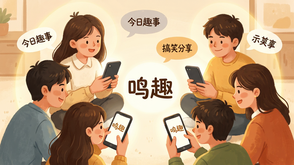 一群年轻人通过手机屏幕围坐交流的画面,手机屏幕中浮现出“鸣趣”字样和多个话题气泡,气泡内写着“今日趣事”“搞笑分享”等简短文字,布局为圆形环绕式构图,风格为温暖治愈系插画,细节上人物表情轻松愉快、背景有柔和光晕,画质清晰干净,无多余元素