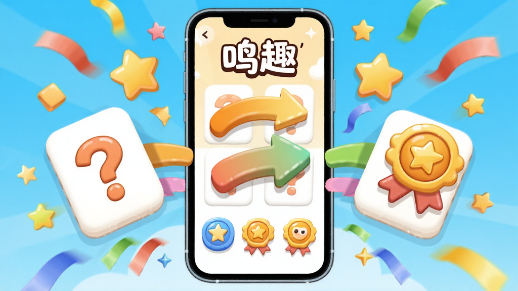 手机屏幕中展示“鸣趣”创意玩法界面,画面中有问号卡片、接龙箭头和徽章图标,周围点缀星星和彩带,布局为手机居中、玩法元素从屏幕向外发散,风格为活泼卡通插画,细节上色彩明快、元素圆润,画质清晰干净,无多余元素