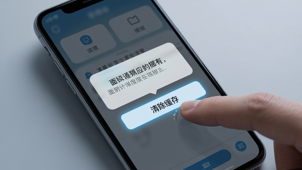 画面展示一部手机屏幕出现错误提示弹窗,旁边有一只手正在点击“清除缓存”按钮,背景为简洁的灰色调。布局为特写镜头,风格写实科技感,细节上手机界面清晰,按钮高亮显示。画质高清、干净、无多余元素,整体色调冷静专业