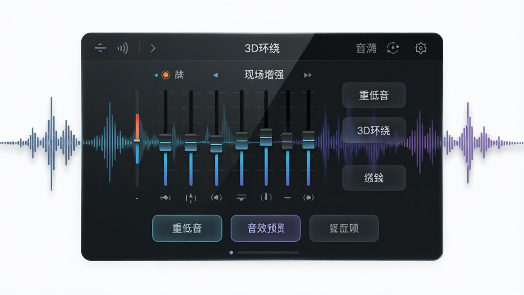 一张展示快嗨DJ播放器音效设置界面的图片,画面中央是虚拟均衡器滑块和音效预设按钮,背景为深色半透明玻璃质感,周围环绕着声波纹理,界面文字包含“重低音”“3D环绕”“现场增强”等字样,风格科技感十足,画质清晰,干净,无多余元素。