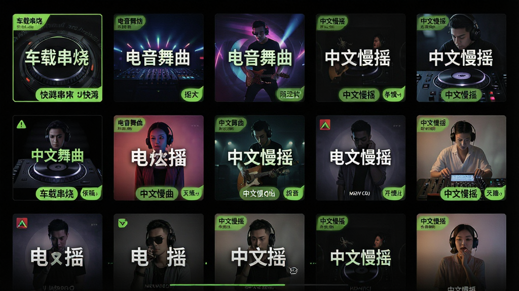 一张展示快嗨DJ播放器曲库分类页面的图片,画面呈现网格状的音乐专辑封面墙,每个封面带有不同的DJ风格标签,如“车载串烧”“电音舞曲”“中文慢摇”等,界面配色为暗夜黑搭配荧光绿点缀,布局整齐,风格现代,画质高清,干净,无多余元素。
