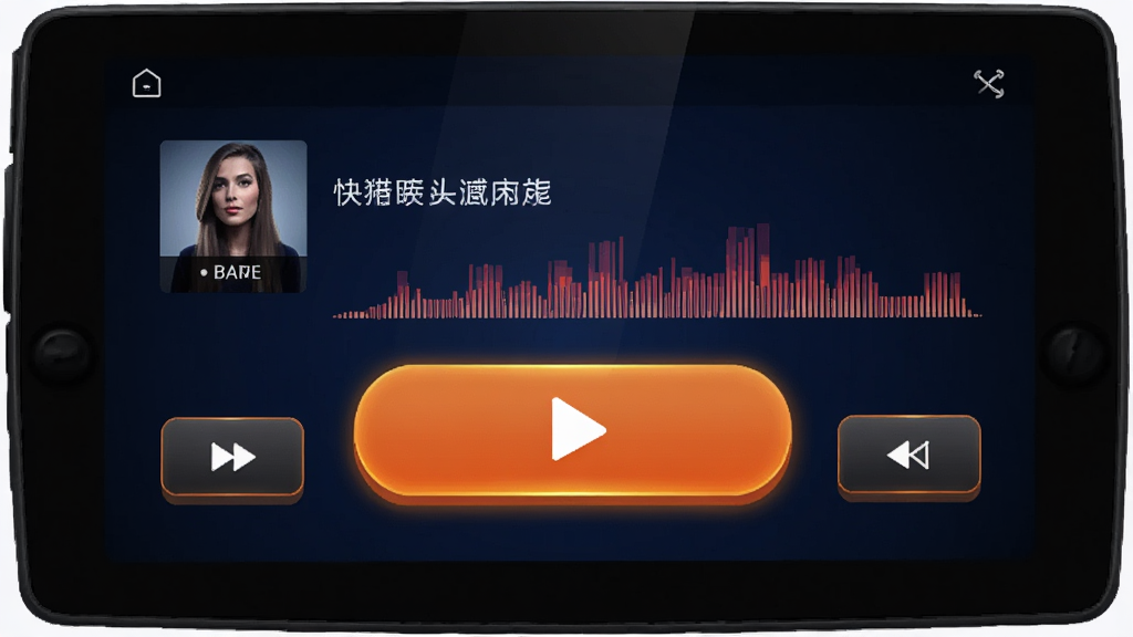 一张展示快嗨DJ播放器车载模式界面的图片,画面模拟汽车中控屏幕,界面显示超大播放按钮、歌曲名与频谱动画,背景为深蓝色,按钮带有橙色背光,风格简洁直观,画质清晰,干净,无多余元素。