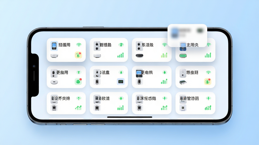 �����ǻ۶��豸��������ʾ��ͼ������չʾһ���ֻ��������ã���Ļ�ڳ�������״�豸��Ƭ��ÿ�ſ�Ƭ��ע�豸������״̬ͼ�ꣻ����Ϊǳ��ɫ���䣬������¿Ƽ���ϸ�ڰ��������Ŀ�Ƭ��Ӱ��Բ����ƣ����ʸ��壬�ɾ����޶���Ԫ��