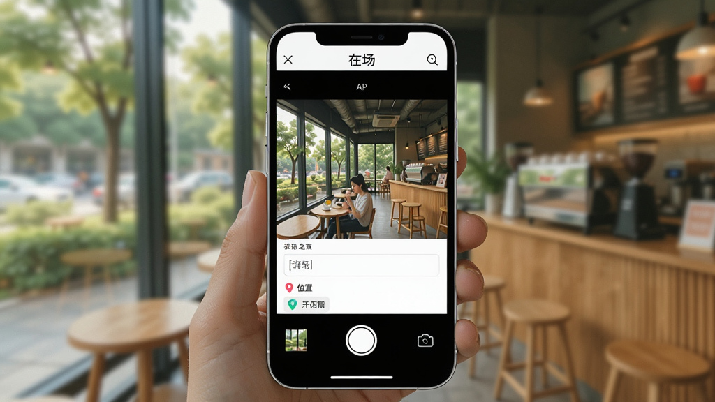 一幅手机拍摄界面示意图,画面中显示“在场”APP的发布页面,有相机取景框、文字输入框和位置标签,背景是咖啡馆或公园场景,风格生活化,暖色调,细节清晰,画质干净,无多余元素