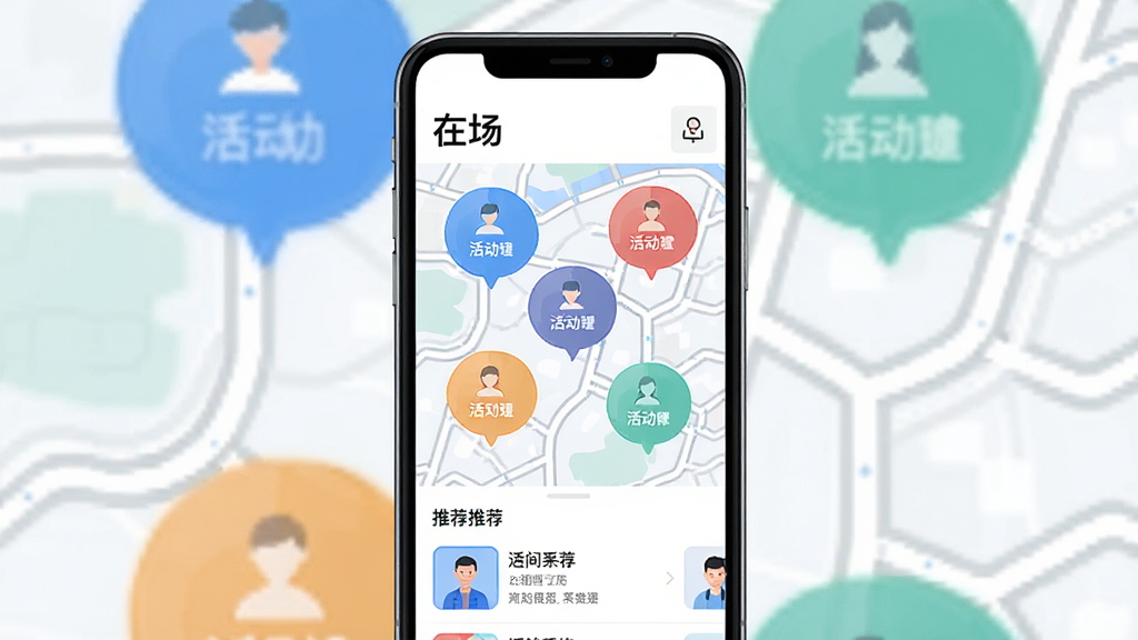 一张手机界面示意图,标题为“在场”,画面中展示地图上分布着多个彩色活动气泡,气泡内有人物图标和活动名称,底部有推荐列表,整体布局清晰,风格清新简约,蓝白配色,画质干净,无多余元素