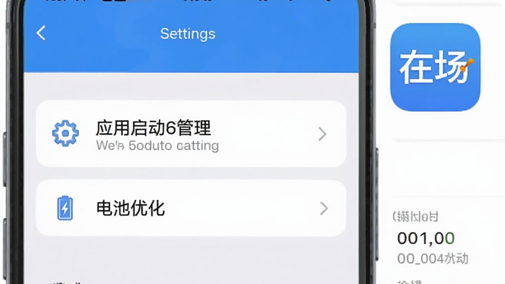 一幅展示手机设置界面的示意图,画面中突出“应用启动管理”和“电池优化”选项,旁边有“在场”APP图标,风格简洁明了,蓝白配色,细节清晰,画质干净,无多余元素