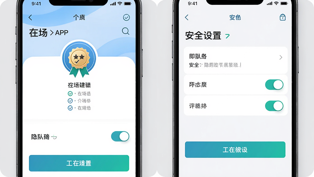 一张展示“在场”APP个人资料页和安全设置页的合成图,页面中有认证徽章、隐私开关和举报按钮,背景为浅灰色,风格简洁商务,蓝绿色点缀,画质干净,无多余元素