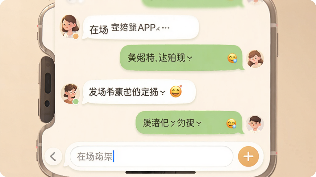一幅展示“在场”APP聊天界面的图片,画面中有多个用户头像和对话气泡,气泡内包含文字和表情,界面底部有输入框和加号按钮,整体风格圆润友好,暖色调,细节丰富,画质干净,无多余元素