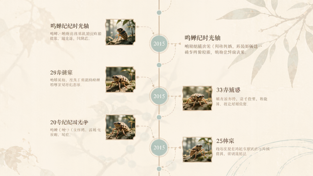 鸣蝉纪时光轴界面概念图,画面以纵向时间线贯穿,时间线上分布多个圆形节点,每个节点旁展示简短的文字摘要与缩略图,整体色调为暖米色与淡青色,风格文艺安静,布局清晰,细节精致,画质干净,无多余元素