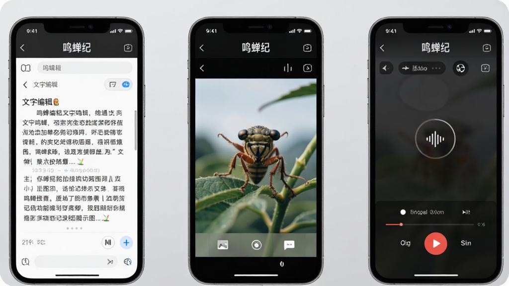 鸣蝉纪多模态记录功能展示图,画面中并排展示三个手机屏幕,分别呈现文字编辑界面、图片添加界面和语音录制界面,屏幕上方均有“鸣蝉纪”字样,背景为柔和浅灰色,风格统一简洁,细节清晰,画质干净,无多余元素