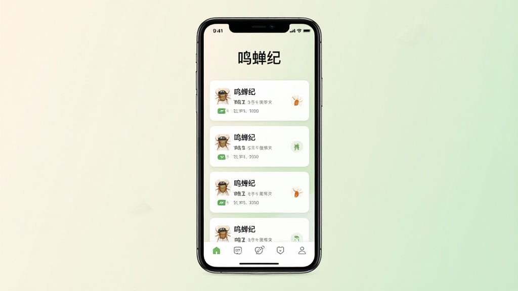 鸣蝉纪应用主界面展示,画面中央放置一部智能手机,屏幕显示应用首页布局,顶部为“鸣蝉纪”文字标识,中部为卡片式记录列表,底部为导航栏,背景为淡雅米白色与浅绿色渐变,风格清新简约,细节清晰,画质干净,无多余元素