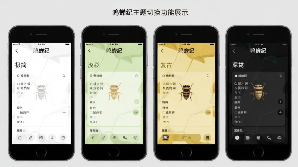 鸣蝉纪主题切换功能展示图,画面中展示四部手机并排,每部手机屏幕显示不同主题风格的记录界面,分别为极简白、淡彩绿、复古黄和深色模式,屏幕上方均有“鸣蝉纪”标识,背景为浅灰色,风格多样统一,细节清晰,画质干净,无多余元素