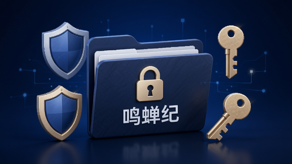 鸣蝉纪隐私保护功能示意图,画面中央展示一个带锁图标的文件夹,文件夹表面有“鸣蝉纪”标识,周围环绕盾牌与密钥图形元素,背景为深蓝色渐变,风格沉稳安全,细节清晰,画质干净,无多余元素