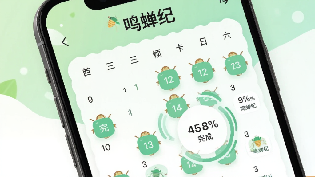 鸣蝉纪习惯打卡界面展示图,画面中一部手机屏幕显示打卡日历与进度环,日历上多个日期标记为已完成状态,进度环显示完成百分比,屏幕上方有“鸣蝉纪”文字,背景为浅绿色与白色搭配,风格清新积极,细节清晰,画质干净,无多余元素