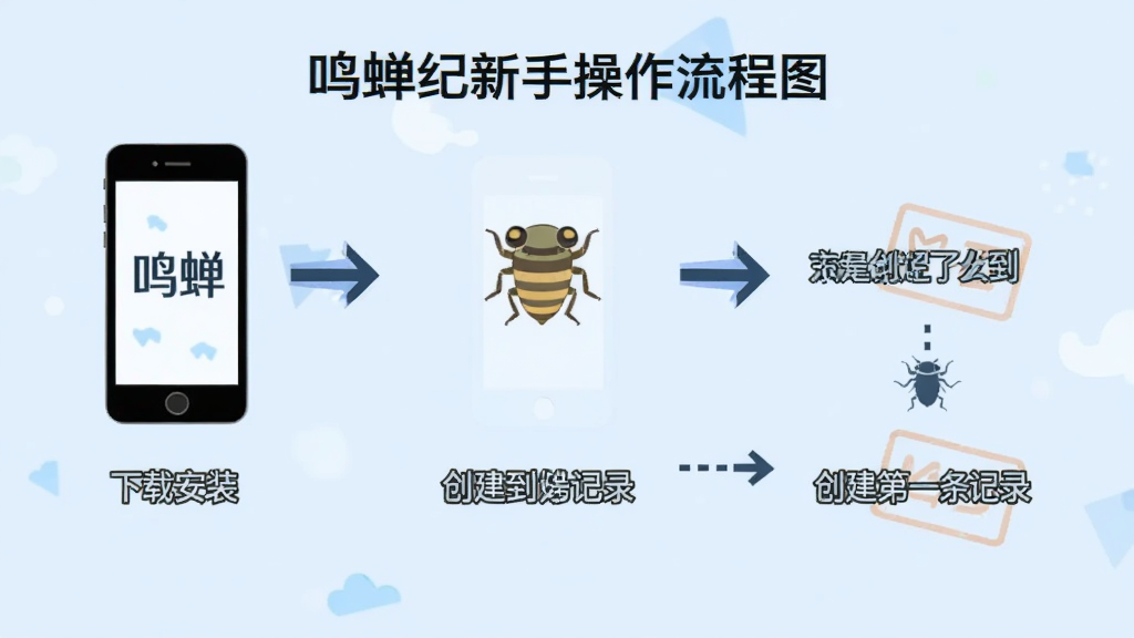 鸣蝉纪新手操作流程图,画面以流程图形式展示从下载安装到创建第一条记录的步骤,包含手机图标、箭头、文字标注“鸣蝉纪”,背景为浅蓝色,风格简洁明了,细节清晰,画质干净,无多余元素