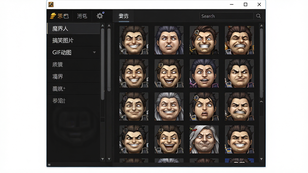 一张展示DNF表情包软件界面的全景截图,画面中央是软件主窗口,左侧是分类导航栏写着'魔界人''搞笑图片''GIF动图'等标签,右侧是表情包缩略图网格,包含多个DNF游戏角色的大头表情,界面风格为深色游戏主题,布局清晰,排版整齐,风格为游戏工具软件界面,细节包括滚动条和搜索框,画质高清,干净,无多余元素