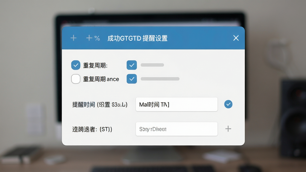 成功GTD时间管理软件提醒设置弹窗特写,弹窗内包含重复周期选项与提醒时间设置,界面元素清晰,背景虚化,画质清晰,干净,无多余元素