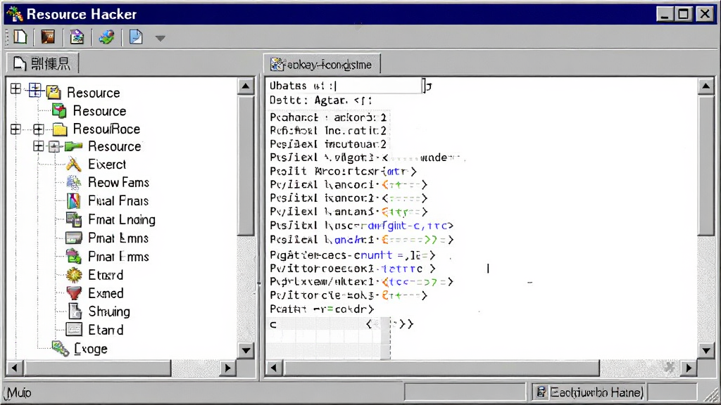 Resource Hacker 软件主界面截图,左侧树状资源列表,右侧代码编辑区,经典的Windows灰色窗口风格,界面干净整洁,展示资源编辑功能,画质清晰,无多余元素