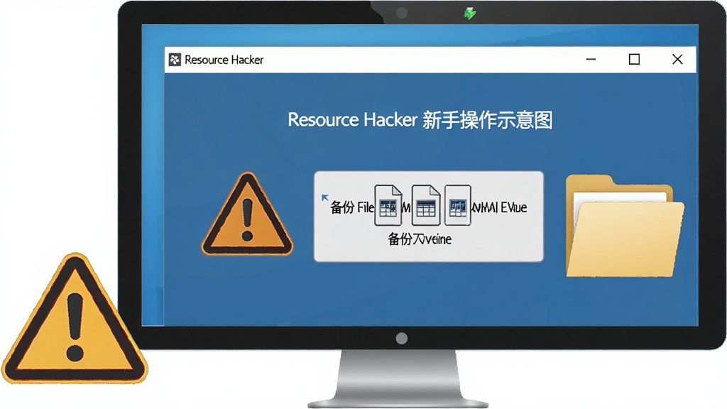 Resource Hacker 新手操作示意图,电脑屏幕上显示软件界面和备份文件提示,旁边有警告图标和备份文件夹,软件名称“Resource Hacker”在界面中,风格简洁清晰,画质干净,无多余元素