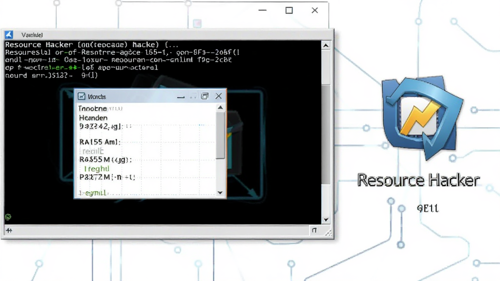 Resource Hacker 命令行操作示意图,黑色命令提示符窗口显示Resource Hacker命令执行资源提取,旁边有软件图标,软件名称“Resource Hacker”清晰可见,科技简约风格,画质干净,无多余元素