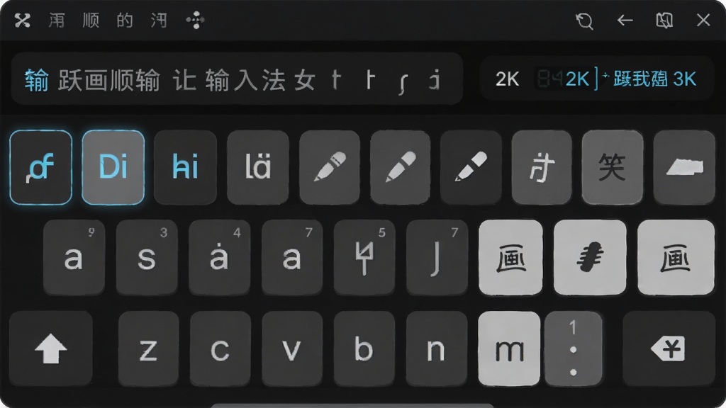 笔画笔顺跃进汉语输入法混合输入模式界面,主体为输入法候选栏与键盘按键映射,布局上左侧显示拼音编码右侧显示笔画补充按钮,排版采用横向排列结构,风格为深色模式科技感,细节包括高亮显示的拼音字母、灰色笔画图标、动态匹配计数器,画质为2K锐利干净无多余元素