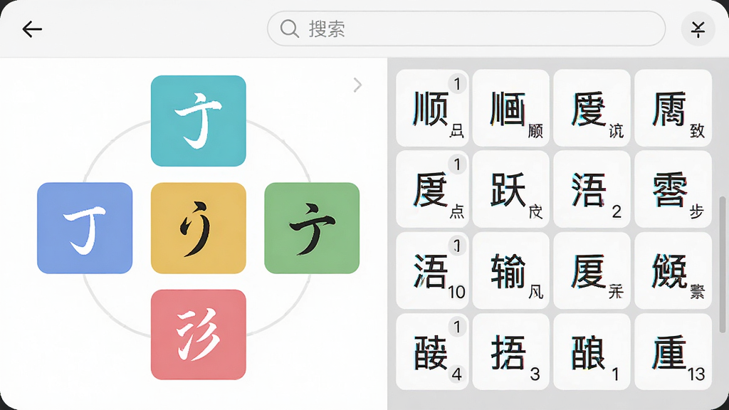 笔画笔顺跃进汉语输入法核心功能特写,主体为屏幕中央放大的笔顺输入面板,布局上左侧展示五个基本笔画按钮右侧展示候选汉字网格,排版采用左右对称结构,风格为扁平化UI设计,细节包括每个笔画按钮带有颜色区分、候选字旁标注剩余笔画数、顶部有搜索框,画质为2K高清干净无多余元素