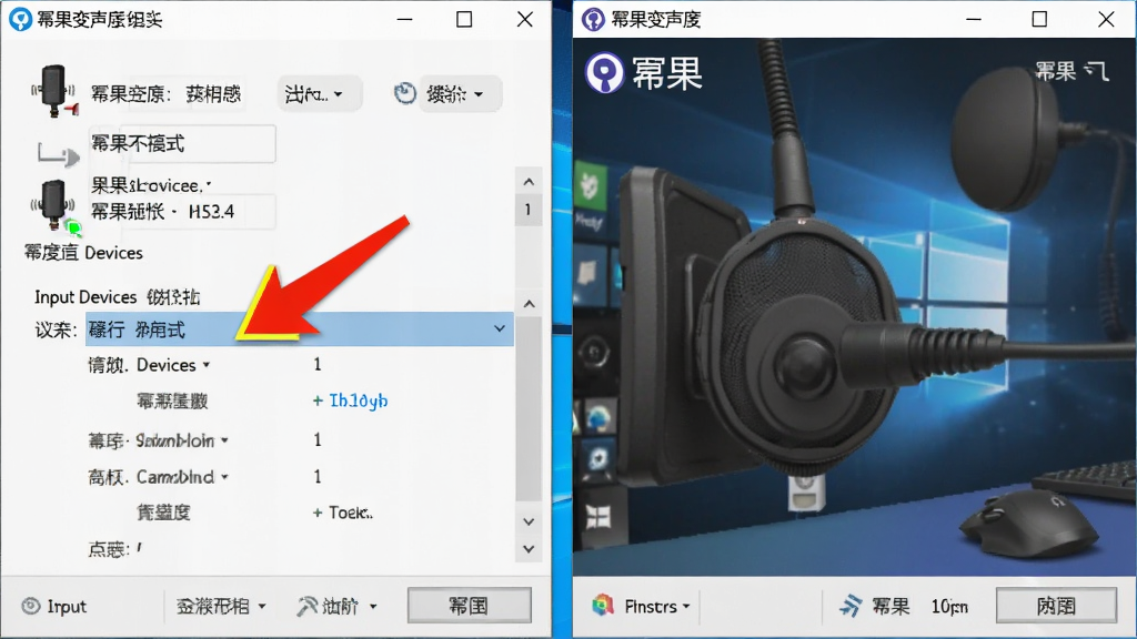 一张展示幂果变声器在Windows系统声音设置中切换虚拟声卡的截图,画面主体为系统声音面板与幂果软件界面并排,布局为左右对比,风格为教程截图风格,细节包括高亮箭头指向输入设备选项,画质清晰干净,无多余元素