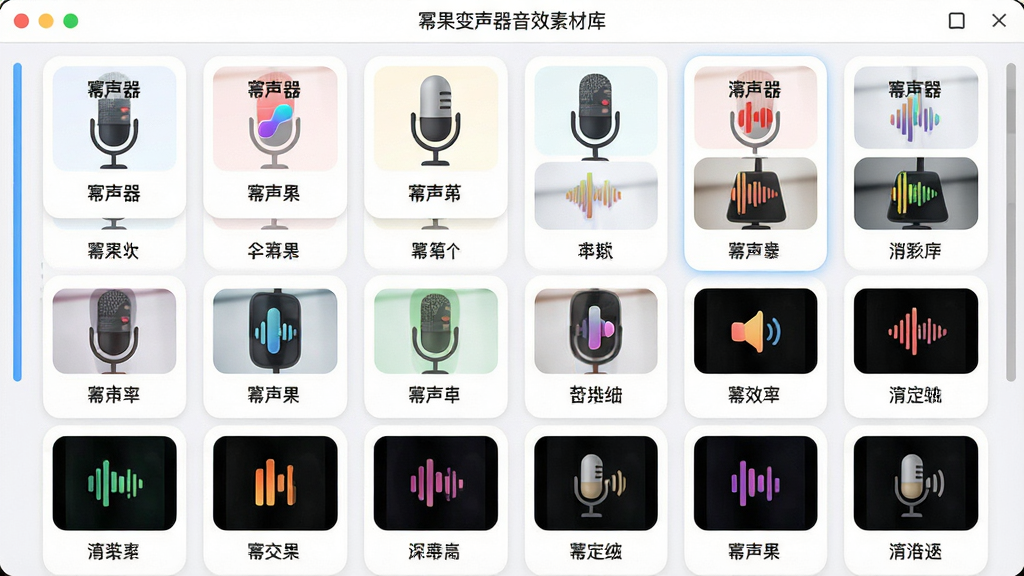 一张展示幂果变声器音效素材库界面的图片,画面主体为软件内的音效网格列表,每个音效卡片上标注名称与图标,布局为整齐的网格排列,风格为清新浅色UI设计,细节包括卡片圆角、图标彩色、滚动条可见,画质清晰干净,无多余元素