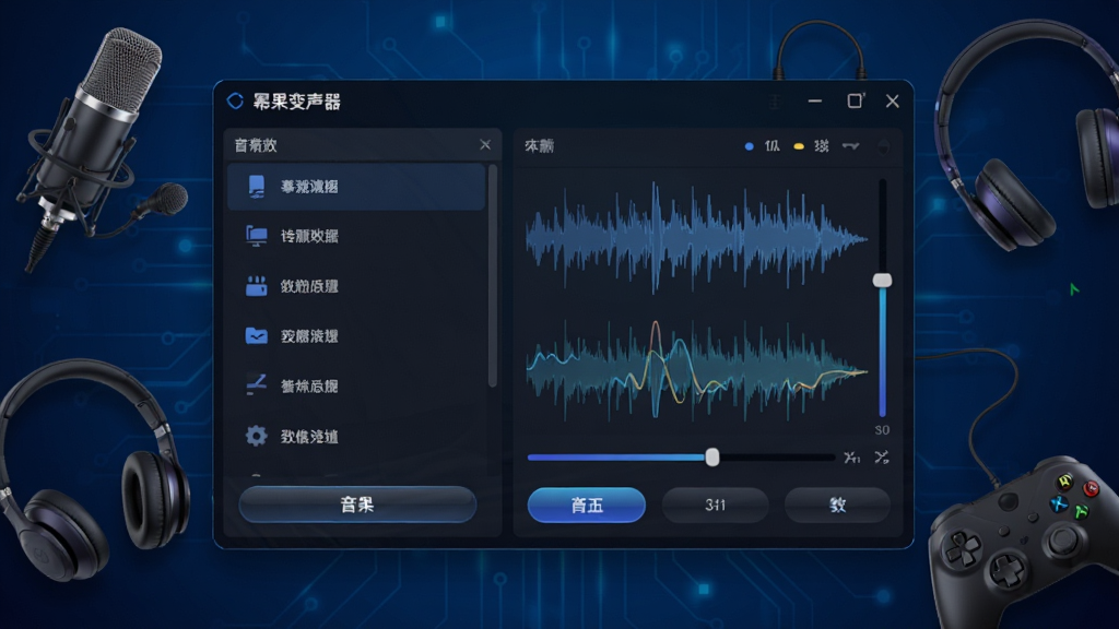 一张展示幂果变声器软件主界面的图片,画面中央是软件窗口,左侧为音效列表,右侧为波形调节面板,窗口周围环绕着麦克风、耳机、游戏手柄等元素,背景为深蓝色科技感渐变,风格为现代简约UI设计,细节包括按钮高光、波形线条流畅,画质清晰干净,无多余元素