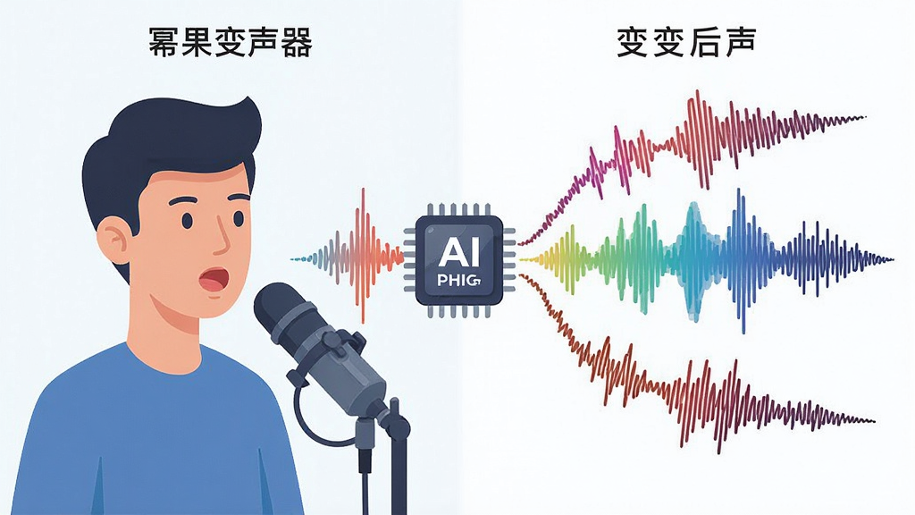 一张展示幂果变声器实时变声过程的示意图,画面主体为一个人对着麦克风说话,声音通过AI芯片处理后变成多种不同角色的声音波纹,布局为左右对比式,左侧为原始声波,右侧为变声后声波,风格为科技扁平插画,细节包括芯片图标、声波颜色渐变,画质清晰干净,无多余元素