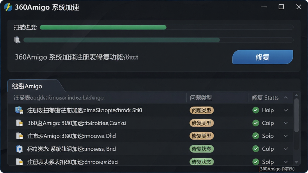 360Amigo 系统加速注册表修复功能的示意图,主体为注册表扫描结果与修复按钮,布局为上方扫描进度与下方结果列表,排版层次分明,风格为深色专业风,细节包括注册表键值路径、问题类型标签、修复状态图标,画质高清干净,画面中文字标注“360Amigo 系统加速”,无多余元素