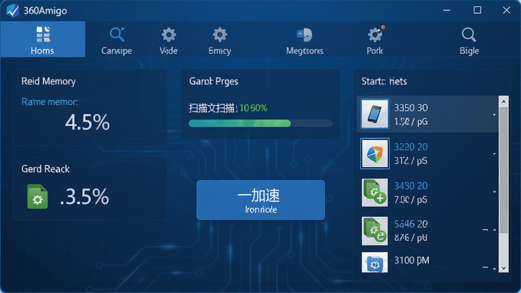 一张展示360Amigo 系统加速软件界面的全景图,主体为软件主窗口,布局为上方功能导航栏与下方一键加速按钮,排版居中对称,风格为现代科技感蓝色调,细节包括实时内存占用百分比、垃圾文件扫描进度条、启动项列表缩略图,画质清晰干净,无多余元素