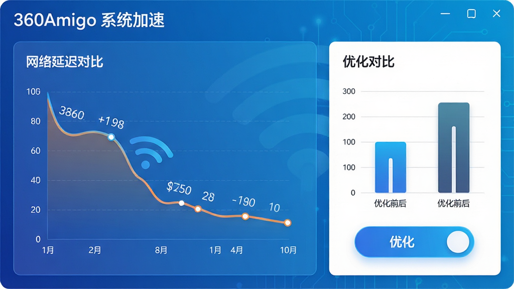 360Amigo 系统加速网络加速功能的场景图,主体为网络延迟对比图表与优化开关,布局为左侧数据面板与右侧操作区,排版简洁,风格为科技蓝渐变,细节包括延迟数值变化曲线、优化前后对比柱状图、开关按钮高亮,画质清晰干净,画面中文字标注“360Amigo 系统加速”,无多余元素