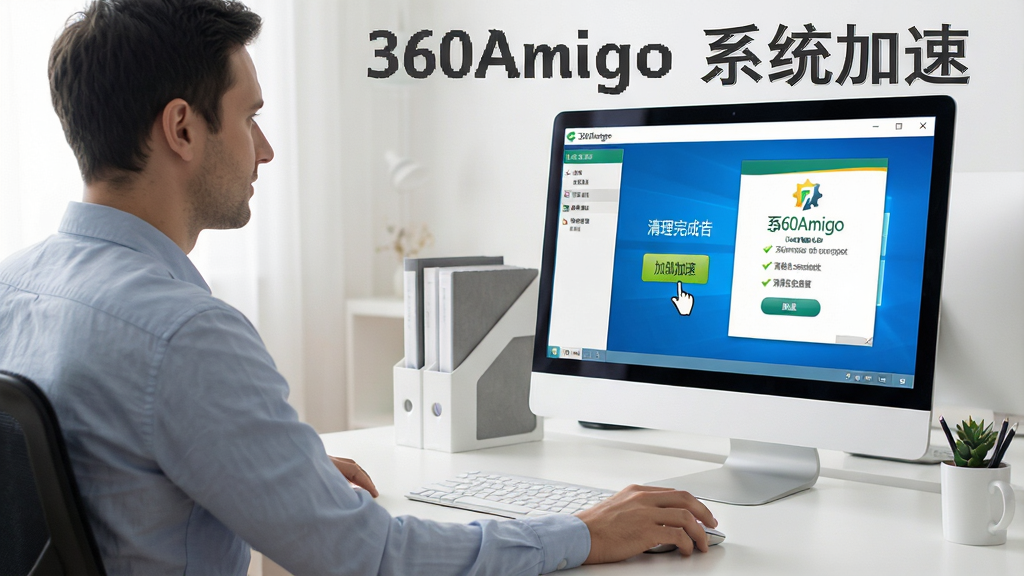360Amigo 系统加速使用技巧示意图,主体为电脑屏幕前用户操作软件的半身场景,布局为人物在左屏幕在右,排版自然,风格为写实办公风,细节包括用户手持鼠标点击加速按钮、屏幕显示清理完成报告、桌面整洁有序,画质清晰干净,画面中文字标注“360Amigo 系统加速”,无多余元素