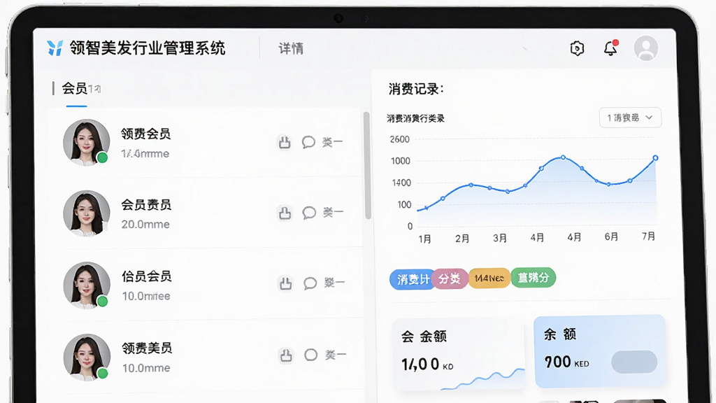 主体为领智美发行业管理系统会员管理界面特写,布局为左侧会员列表右侧详情面板,排版清晰层级分明,风格为清爽浅色商务风,细节包含会员头像、消费记录折线图、标签分类按钮、余额卡片,画质高清干净无多余元素
