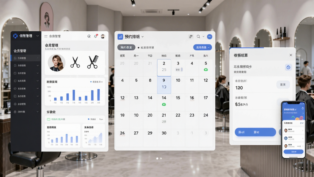 主体为领智美发行业管理系统软件界面与美发门店场景融合的宽幅画面,布局采用左中右三分区,左侧展示会员管理面板,中间为预约排班日历,右侧为收银结算窗口,排版整齐有序,风格为现代简约商务科技风,细节包含发型师头像、剪刀梳子图标、数据图表与手机端同步画面,画质高清干净无多余元素