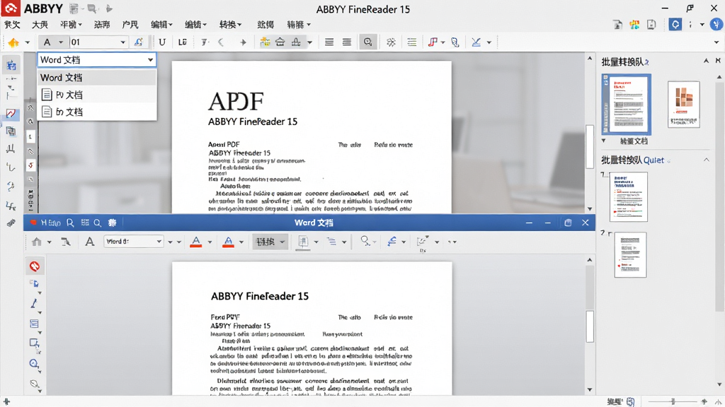 һ��չʾ ABBYY FineReader 15 PDF �༭��ת�����ܵ�ͼƬ������Ϊ����������һ�� PDF �ļ����ڱ�ת��Ϊ Word �ĵ�������Ϊ�Ϸ��� PDF ԭʼҳ�棬�·���ת����� Word Ԥ�������Ϊ�������磬ϸ�ڰ�����ʽѡ�������˵���ʾ��Word �ĵ���������ת���������ж���ļ���ҳ������ͼ��壬��������������ɾ����޶���Ԫ��
