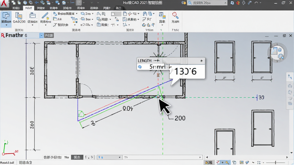 一张展示浩辰CAD 2021智能绘图工具的界面特写,画面中光标正在绘制一条带角度标注的直线,屏幕上浮动显示长度和角度数值,背景是图纸中的墙体与门窗图块,布局以绘图区为中心,风格为写实软件操作截图,细节包括动态输入框、捕捉标记、极轴追踪虚线,画质高清,干净,无多余元素