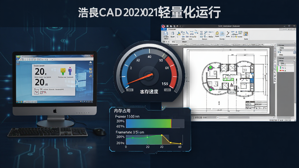 一张展示浩辰CAD 2021轻量化运行的性能对比图,画面左侧是一台普通办公电脑,右侧是软件界面显示大图纸流畅缩放,画面中央有速度仪表盘和内存占用条,布局为左右对比式,风格为科技感信息图,细节包括启动时间数字、内存占用百分比、帧率曲线,画质清晰,干净,无多余元素