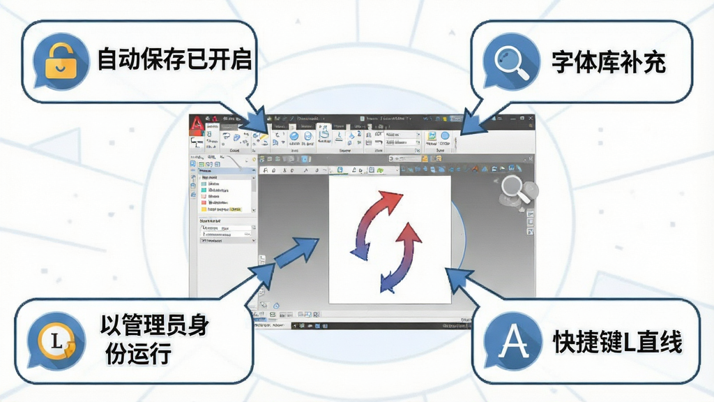 一张展示浩辰CAD 2021新手操作提示的示意图,画面中央是软件界面,周围环绕着多个提示气泡,分别写着“自动保存已开启”“字体库补充”“以管理员身份运行”“快捷键L直线”,布局为放射状,风格为扁平化插画,细节包括气泡图标、箭头指向对应功能区域,画质清晰,干净,无多余元素