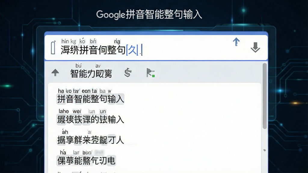 一张展示谷歌拼音智能整句输入功能的图片,画面主体为输入框与候选词列表,布局居中,排版简洁,风格科技感,细节包含拼音串与对应中文句子,画质清晰干净,无多余元素