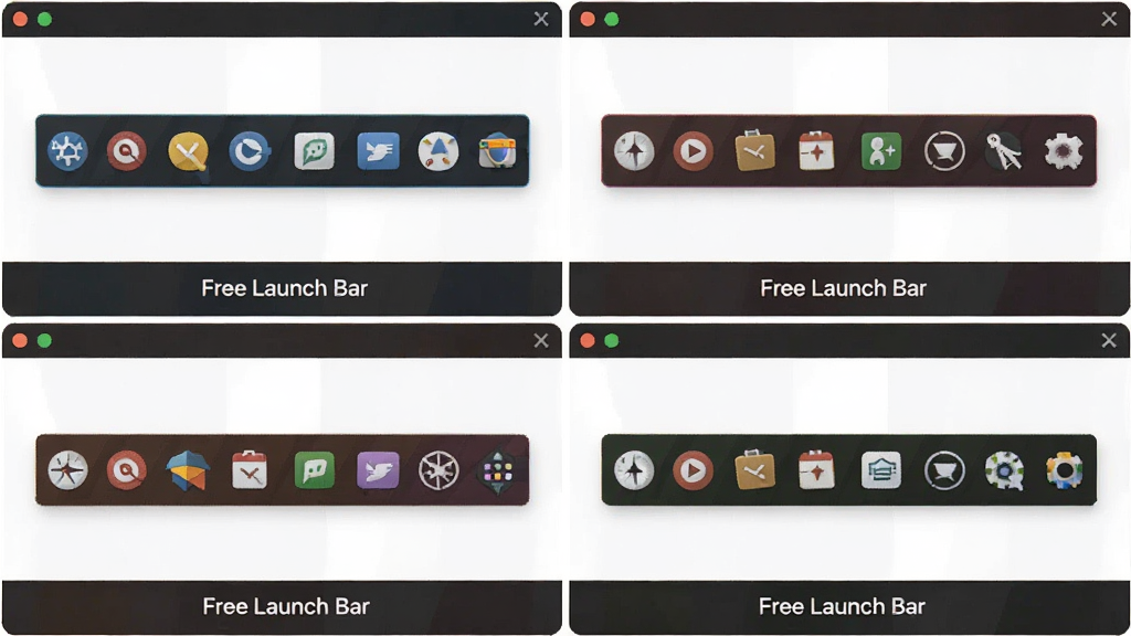 一张展示 Free Launch Bar 多种皮肤主题对比的界面图,主体是四个并排的工具栏预览窗口,布局上采用 2x2 网格排列,排版整齐对称,风格为产品展示风格,细节包括每个窗口展示不同颜色和样式的工具栏外观,窗口下方标注主题名称,画质高清,干净无多余元素