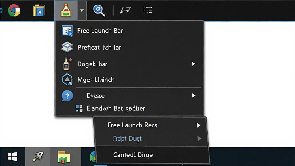 一张 Free Launch Bar 弹出式菜单展开状态的截图,主体是任务栏工具栏上展开的级联菜单,布局上菜单从工具栏图标向右下方展开,排版层次分明,风格为 Windows 原生菜单风格,细节包括菜单项图标、文字标签、子菜单箭头指示等清晰可见,画质高清,干净无多余元素
