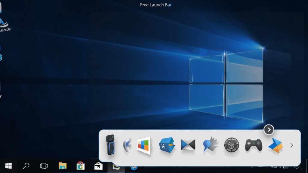 一张展示 Free Launch Bar 软件界面的桌面截图,主体是 Windows 任务栏上扩展出的快速启动工具栏,布局上工具栏位于屏幕底部任务栏右侧,展示多个常用软件图标整齐排列,排版清晰有序,风格为现代简约科技风,细节包括图标带有轻微阴影和悬停高亮效果,背景为干净的深色桌面壁纸,画质高清 1080P,干净无多余元素