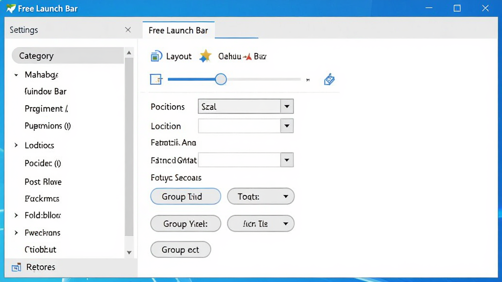 一张 Free Launch Bar 软件的自定义设置界面截图,主体是工具栏设置面板,布局上左侧为设置分类菜单,右侧为具体的布局调整选项,排版采用左右分栏结构,风格为 Windows 原生设置界面风格,细节包括图标大小滑块、位置选择下拉框、分组管理按钮等控件清晰可见,画质高清,干净无多余元素