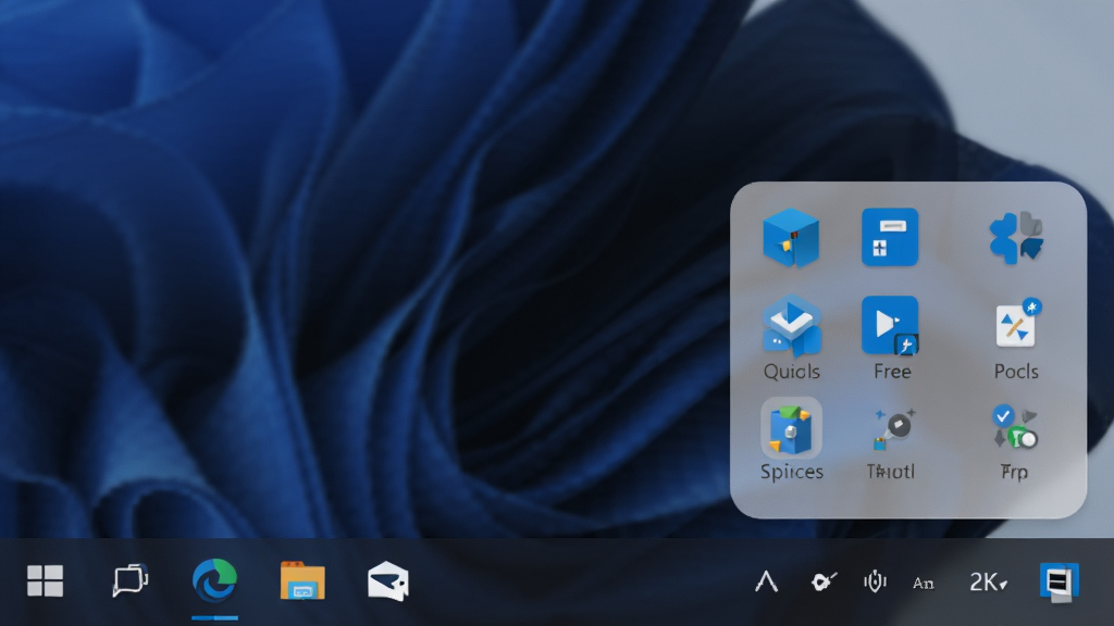 一张 Free Launch Bar 在 Windows 11 系统任务栏上运行的实拍截图,主体是任务栏右侧的快速启动工具栏,布局上工具栏紧贴任务栏边缘,排版简洁,风格为现代 Windows 11 风格,细节包括圆角图标、亚克力半透明效果、系统托盘图标等,画质高清 2K,干净无多余元素