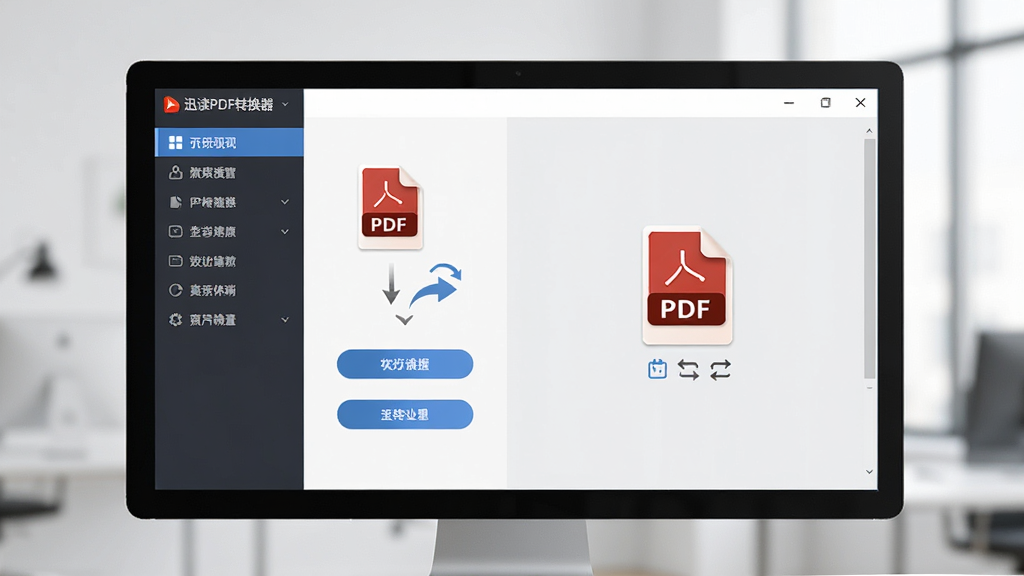 一张展示迅读PDF转换器软件界面的图片,主体是电脑屏幕显示软件主界面,界面左侧为功能导航栏,右侧为文件拖拽区域,布局简洁清晰,排版采用左右分栏结构,风格为现代办公科技风,细节包括PDF文件图标、转换箭头、功能按钮等元素,画质高清,画面干净,无多余元素